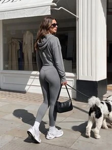SHEIN Women's Long Sleeve Zip-Up Fitted Hooded Short Sweatshirt, Sporty Casual - Grey - View 5