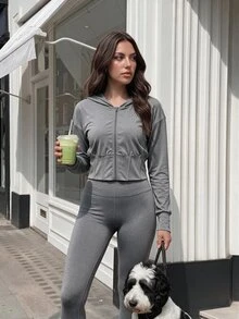 SHEIN Women's Long Sleeve Zip-Up Fitted Hooded Short Sweatshirt, Sporty Casual - Grey - View 6