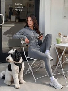SHEIN Women's Long Sleeve Zip-Up Fitted Hooded Short Sweatshirt, Sporty Casual - Grey - View 8