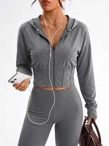 SHEIN Women's Long Sleeve Zip-Up Fitted Hooded Short Sweatshirt, Sporty Casual - Grey - View 3