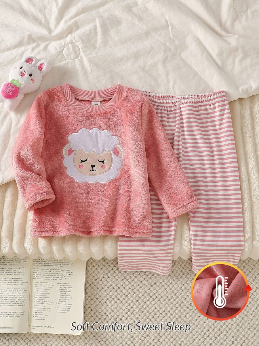 Baby Girl Long Sleeve Top & Long Pants Home Daily Wear Simple Versatile Style Fleece Soft Little Lamb Embroidery Striped Print Pants Set - Pink - View 1