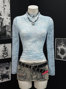 Bitrose Women's Lace Elastic Peony Floral See-Through Sexy Blouse (Random Cut) Autumn Cloth For Women Night Out Date Night Light Blue Floral - Baby Blue - View 6