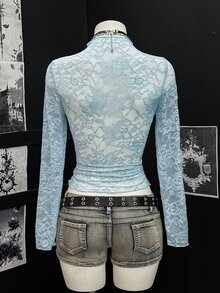 Bitrose Women's Lace Elastic Peony Floral See-Through Sexy Blouse (Random Cut) Autumn Cloth For Women Night Out Date Night Light Blue Floral - Baby Blue - View 2