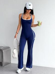 Dewbera Dewbera Women's Sports Jumpsuit, Backless Colorblock Sexy Tight-Fitting Butt-Lifting, Suitable For Tennis, Badminton, Golf - Navy Blue - View 4