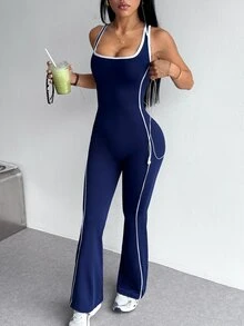 Dewbera Dewbera Women's Sports Jumpsuit, Backless Colorblock Sexy Tight-Fitting Butt-Lifting, Suitable For Tennis, Badminton, Golf - Navy Blue - View 3