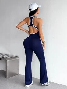 Dewbera Dewbera Women's Sports Jumpsuit, Backless Colorblock Sexy Tight-Fitting Butt-Lifting, Suitable For Tennis, Badminton, Golf - Navy Blue - View 2