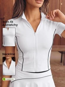 CourtClass CourtClass Women's Striped Colorblock Zipper Short Sleeve Tennis Sports T-Shirt - White - View 1