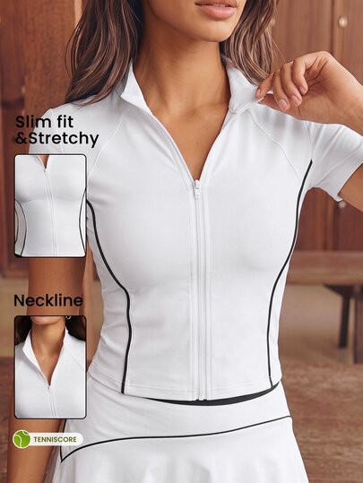 CourtClass CourtClass Women's Striped Colorblock Zipper Short Sleeve Tennis Sports T-Shirt