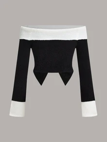 SHEIN ICON 不对称下摆拼色露肩长袖针织上衣 - 黑與白 - 查看 7