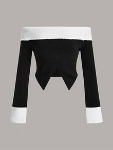 SHEIN ICON 不对称下摆拼色露肩长袖针织上衣 - 黑與白 - 查看 6