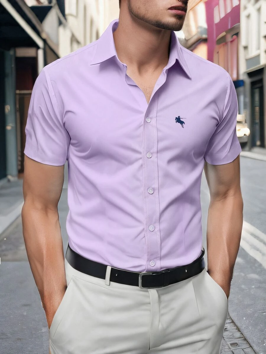 Manfinity Mode Men's Solid Color Short Sleeve Embroidered Western Casual Formal Shirt, Simple Practical Multipurpose, Ceremony Business Office Light Purple Summer - Mauve Purple - View 1