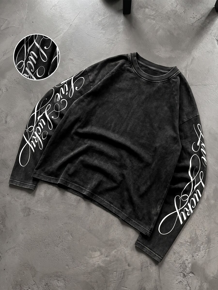 PAVTROS Men's Casual Washed Letter Print Long Sleeve T-Shirt - Black - View 1