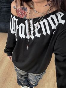 Coolane Women's Fall/Winter Streetwear Casual Y2k Grunge Punk Going Out Vintage Graphics Black Loose Asymmetrical Neck Sweatshirt - Black - View 3