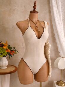 SHEIN Swim 女士春夏新款黄色纹理面料浅蓝色花卉饰边V领露背吊带连体泳衣 - 米色 - 查看 8