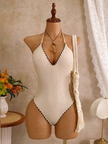 SHEIN Swim 女士春夏新款黄色纹理面料浅蓝色花卉饰边V领露背吊带连体泳衣 - 米色 - 查看 5
