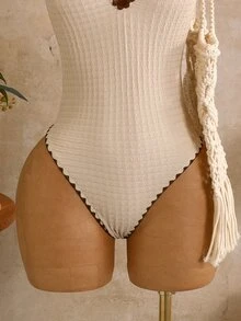 SHEIN Swim 女士春夏新款黄色纹理面料浅蓝色花卉饰边V领露背吊带连体泳衣 - 米色 - 查看 6
