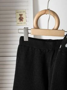 SHEIN Tween Girl Tween Girl Knitted 2 Pieces Set Polka Dot Patchwork Striped Long Sleeve Pullover Sweater + Wide Leg Pants Set, Stylish Contrast Color Design Loose Fit Children's Knit Outfit - Black - View 5