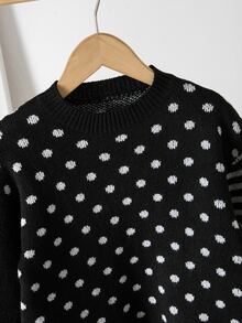 SHEIN Tween Girl Tween Girl Knitted 2 Pieces Set Polka Dot Patchwork Striped Long Sleeve Pullover Sweater + Wide Leg Pants Set, Stylish Contrast Color Design Loose Fit Children's Knit Outfit - Black - View 7