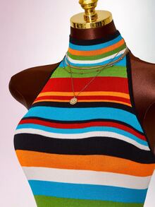 Amplova Women's Knit Patchwork Colorful Striped Halter Neck Backless Mini Dress - Multicolor - View 4