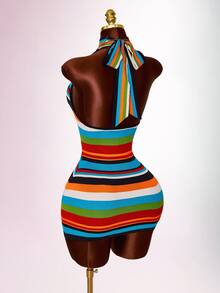 Amplova Women's Knit Patchwork Colorful Striped Halter Neck Backless Mini Dress - Multicolor - View 1