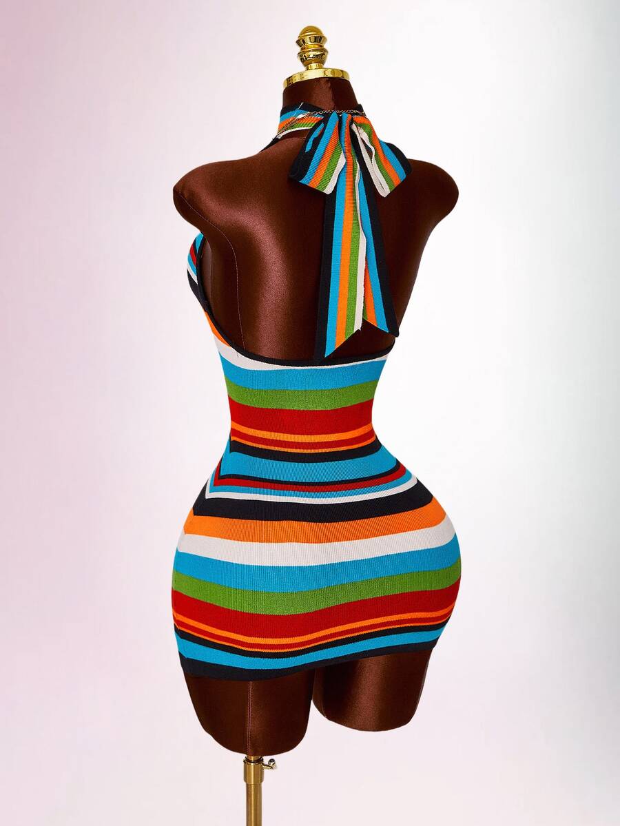 Amplova Women's Knit Patchwork Colorful Striped Halter Neck Backless Mini Dress - Multicolor - View 1