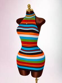 Amplova Women's Knit Patchwork Colorful Striped Halter Neck Backless Mini Dress - Multicolor - View 2