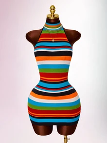 Amplova Women's Knit Patchwork Colorful Striped Halter Neck Backless Mini Dress - Multicolor - View 3