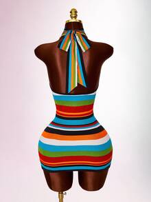 Amplova Women's Knit Patchwork Colorful Striped Halter Neck Backless Mini Dress - Multicolor - View 7