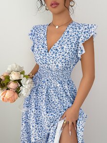 Elenzga 全新时尚褶皱编织微碎花盖袖荷叶边下摆束腰度假风女式连衣裙 - 藍色 - 查看 5