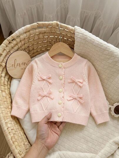 SHEIN Elladie kids Baby Girls Cardigans Round Neck Knitted Cardigan Pure Pink Sweater Versatile Daily Wear Elegant Lady Handmade Bow Heavy Work Exquisite Cartoon Cute Simple Basic Versatile Comfortable Soft Sweet Elegant Personalized Daily Wear Suitable For Outings Travel School Autumn Winter Party Outdoor Play Picnic