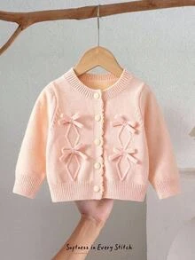 SHEIN Elladie kids 女嬰圓領針織開襟毛衣 純粉色上衣 百搭日常穿著 優雅淑女風 手工蝴蝶結 精緻卡通可愛 簡約基礎款 舒適柔軟甜美 個性化 日常穿著 適合外出旅遊 上學 秋冬派對戶外玩耍野餐 - 粉色 - 查看 4