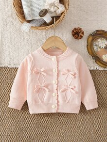 SHEIN Elladie kids 女嬰圓領針織開襟毛衣 純粉色上衣 百搭日常穿著 優雅淑女風 手工蝴蝶結 精緻卡通可愛 簡約基礎款 舒適柔軟甜美 個性化 日常穿著 適合外出旅遊 上學 秋冬派對戶外玩耍野餐 - 粉色 - 查看 11