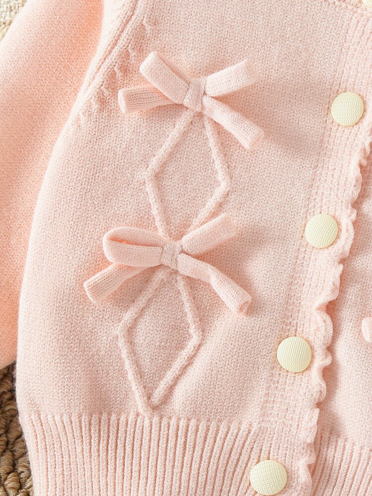 SHEIN Elladie kids Baby Girls Cardigans Round Neck Knitted Cardigan Pure Pink Sweater Versatile Daily Wear Elegant Lady Handmade Bow Heavy Work Exquisite Cartoon Cute Simple Basic Versatile Comfortable Soft Sweet Elegant Personalized Daily Wear Suitable For Outings Travel School Autumn Winter Party Outdoor Play Picnic - Pink - View 7