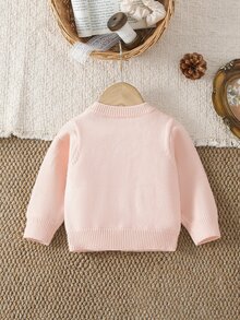 SHEIN Elladie kids 女嬰圓領針織開襟毛衣 純粉色上衣 百搭日常穿著 優雅淑女風 手工蝴蝶結 精緻卡通可愛 簡約基礎款 舒適柔軟甜美 個性化 日常穿著 適合外出旅遊 上學 秋冬派對戶外玩耍野餐 - 粉色 - 查看 2