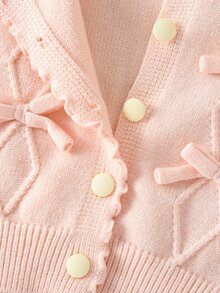 SHEIN Elladie kids 女嬰圓領針織開襟毛衣 純粉色上衣 百搭日常穿著 優雅淑女風 手工蝴蝶結 精緻卡通可愛 簡約基礎款 舒適柔軟甜美 個性化 日常穿著 適合外出旅遊 上學 秋冬派對戶外玩耍野餐 - 粉色 - 查看 5
