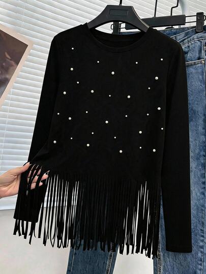 Freevana Plus-Size Long-Sleeved Fringed Top For Women, Black T-Shirt With Beaded Embellishments, Elegant Everyday Wear, Boho, Women's Autumn/Winter Clothing.