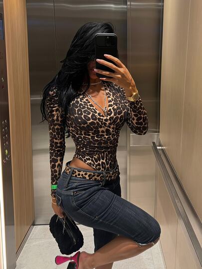 SHEIN SXY Women's Leopard Print V-Neck Casual Daily Long Sleeve Bodysuit