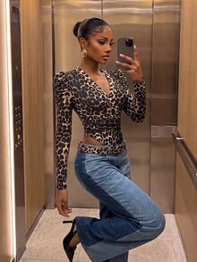 SHEIN SXY Women's Leopard Print V-Neck Casual Daily Long Sleeve Bodysuit - Multicolor - View 5