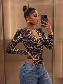 SHEIN SXY Women's Leopard Print V-Neck Casual Daily Long Sleeve Bodysuit - Multicolor - View 8