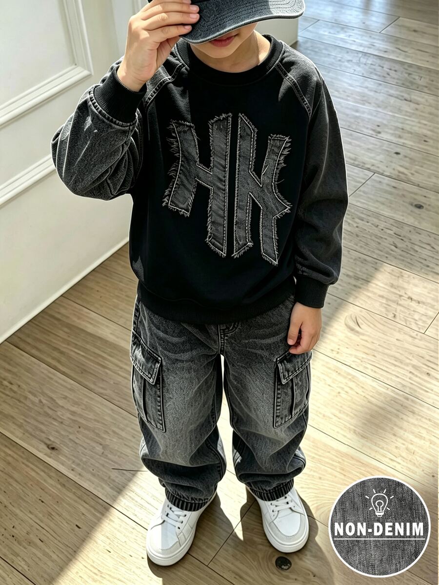 2件組青少年男孩時尚極簡舒適圓領衛衣與寬腿工裝褲套裝，酷炫紮染滿版印花設計，英文圖案印花，適合假期派對聚會，休閒舒適，男孩春秋冬季首選，春秋冬季街頭風，返校派對休閒穿搭 - 彩色 - 查看 1