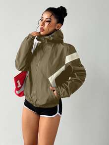 SHEIN Sports Olive Green Hooded Zipper Woven Fabric Short Jacket For Women Outdoor Activities - Olive Green - View 5