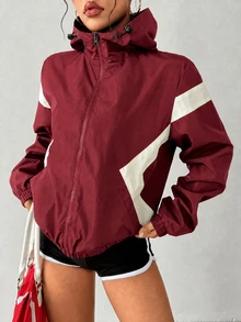 Exploreva Exploreva Women's Colorblock Long Sleeve Zip-Up Hooded Drawstring Sports Jacket - Burgundy - View 6