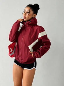 Exploreva Exploreva Women's Colorblock Long Sleeve Zip-Up Hooded Drawstring Sports Jacket - Burgundy - View 5