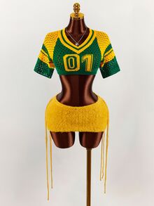 SHEIN ICON 女士数字提花镂空短袖露脐针织上衣和针织混纺迷你裙性感两件套 - 彩色 - 查看 10