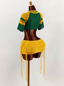 SHEIN ICON 女士数字提花镂空短袖露脐针织上衣和针织混纺迷你裙性感两件套 - 彩色 - 查看 8