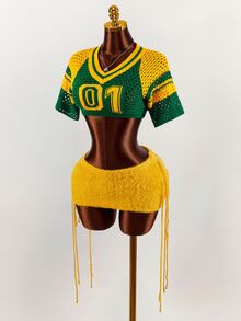 SHEIN ICON 女士数字提花镂空短袖露脐针织上衣和针织混纺迷你裙性感两件套 - 彩色 - 查看 4