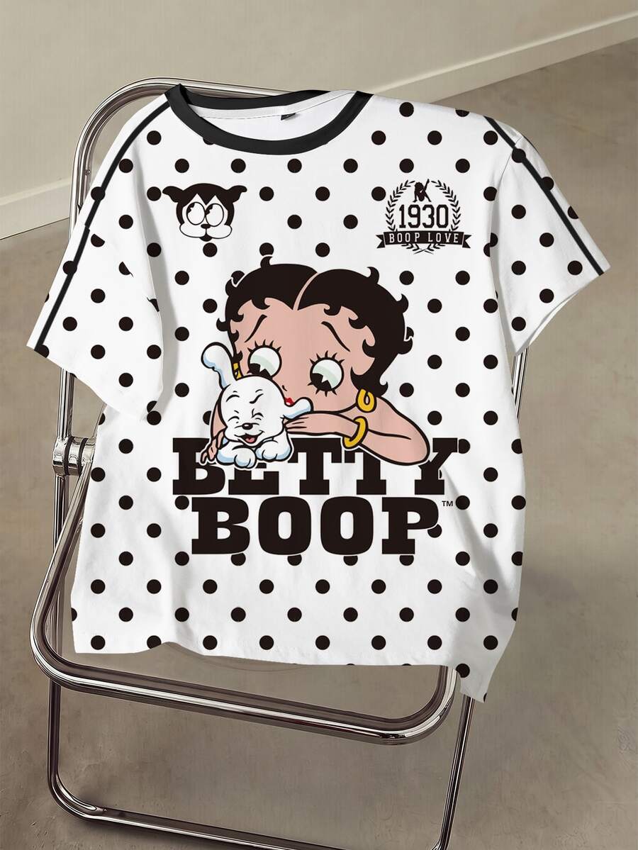 Betty Boop x SHEIN Women's Cartoon Print Polka Dot Round Neck Short Sleeve T-Shirt - White - View 1