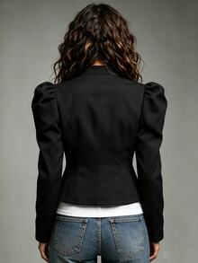 SHEIN 女款秋冬休閒優雅通勤短版夾克，羊腿袖、前開鈕扣、肩縫線與立領設計 - 黑色 - 查看 3