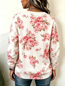 SHEIN LUNE 女款圓領長袖寬鬆版型全幅粉色玫瑰花卉印花休閒日常秋季運動衫 - 白色 - 查看 9
