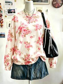 SHEIN LUNE 女款圓領長袖寬鬆版型全幅粉色玫瑰花卉印花休閒日常秋季運動衫 - 白色 - 查看 4